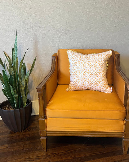 Orange You Glad it's Christmas Pillow with gold rickrack