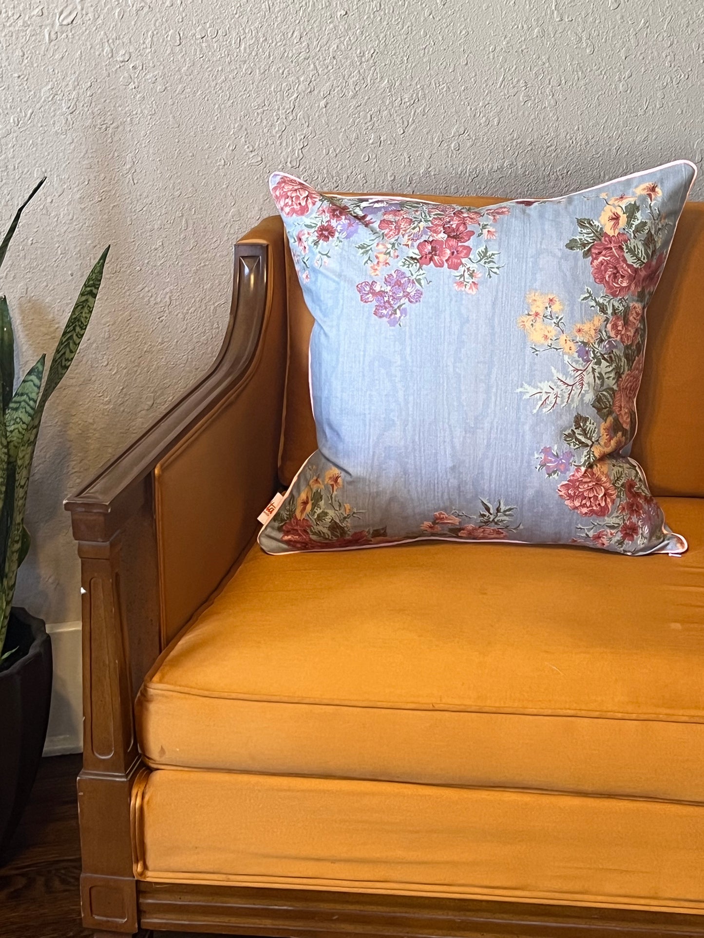 Two Sided Blue Moire Pillow with pink piping