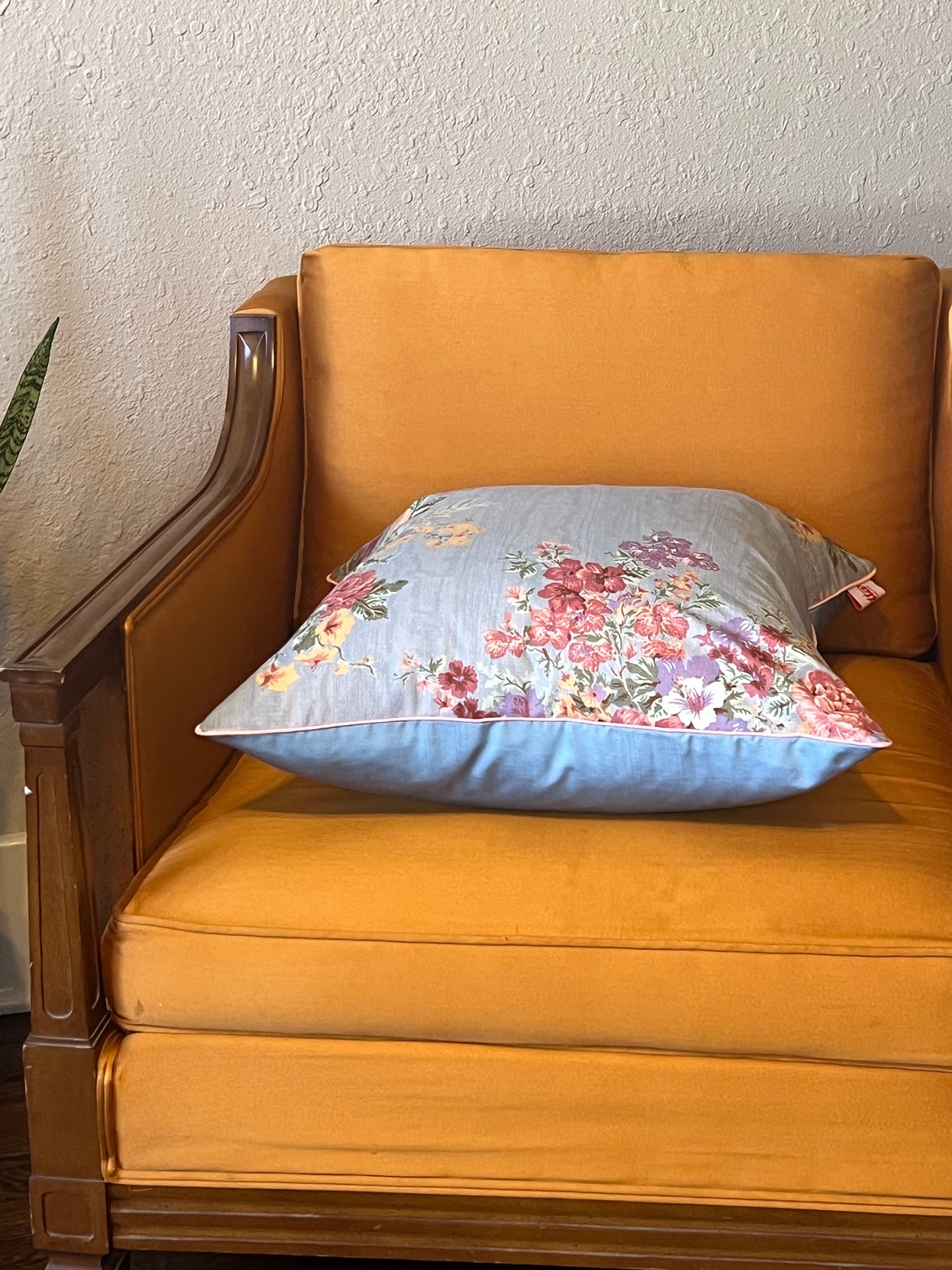 Two Sided Blue Moire Pillow with pink piping