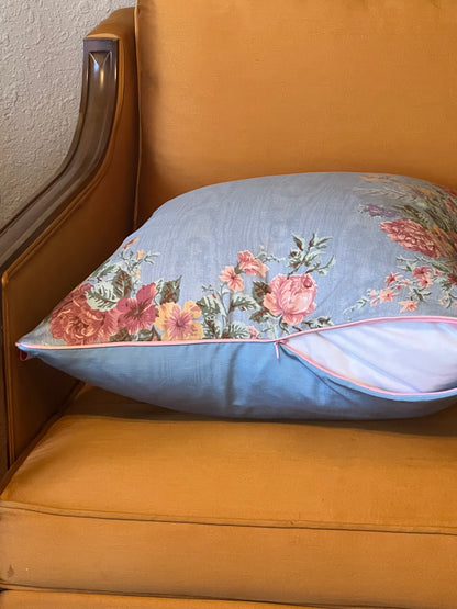 Two Sided Blue Moire Pillow with pink piping