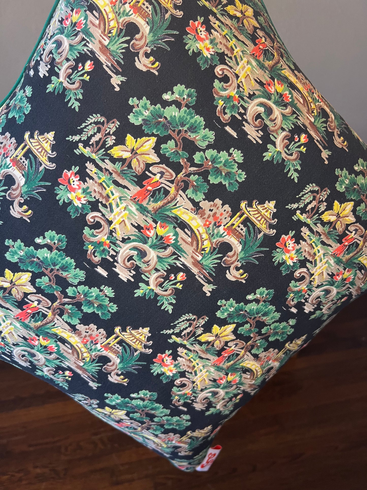 Japanese Garden Pillow with green piping