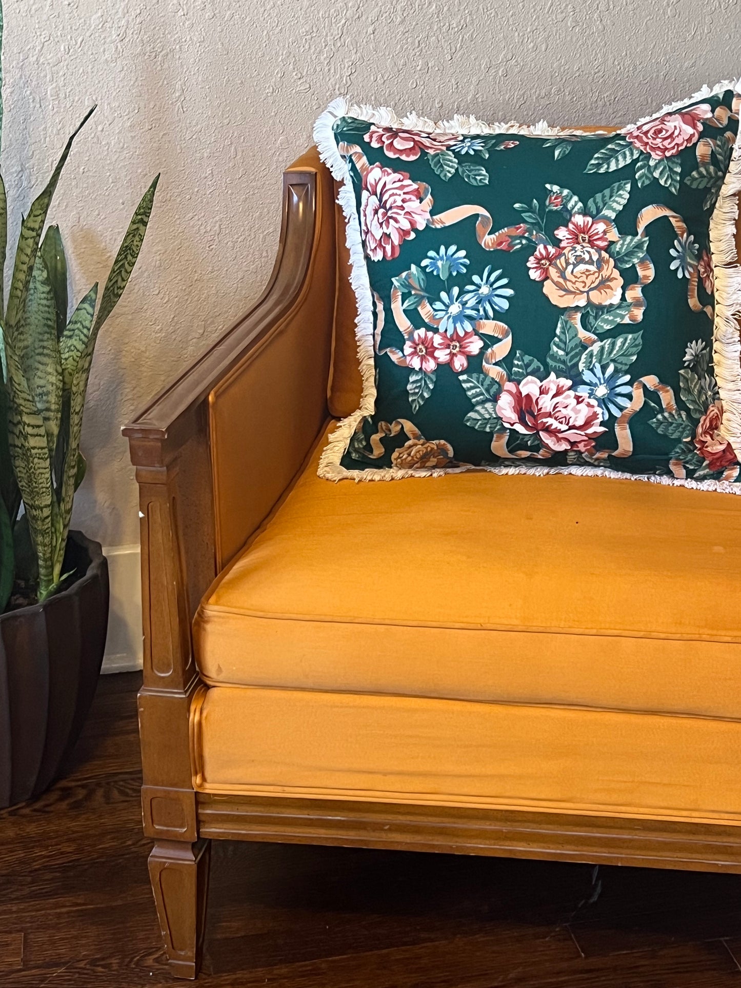 Deep Green Floral Pillow with fringe