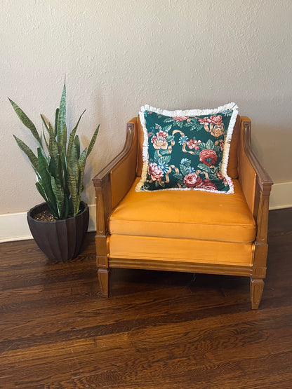 Deep Green Floral Pillow with fringe