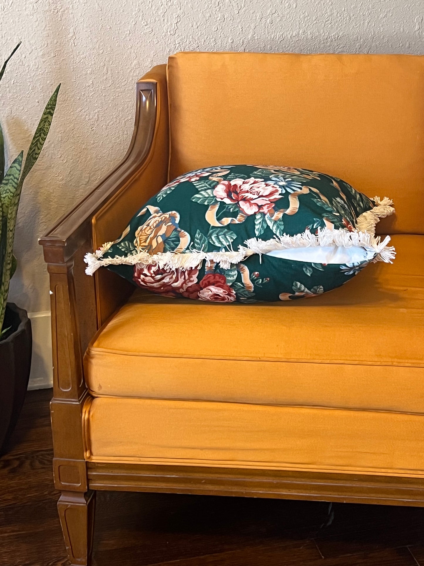 Deep Green Floral Pillow with fringe