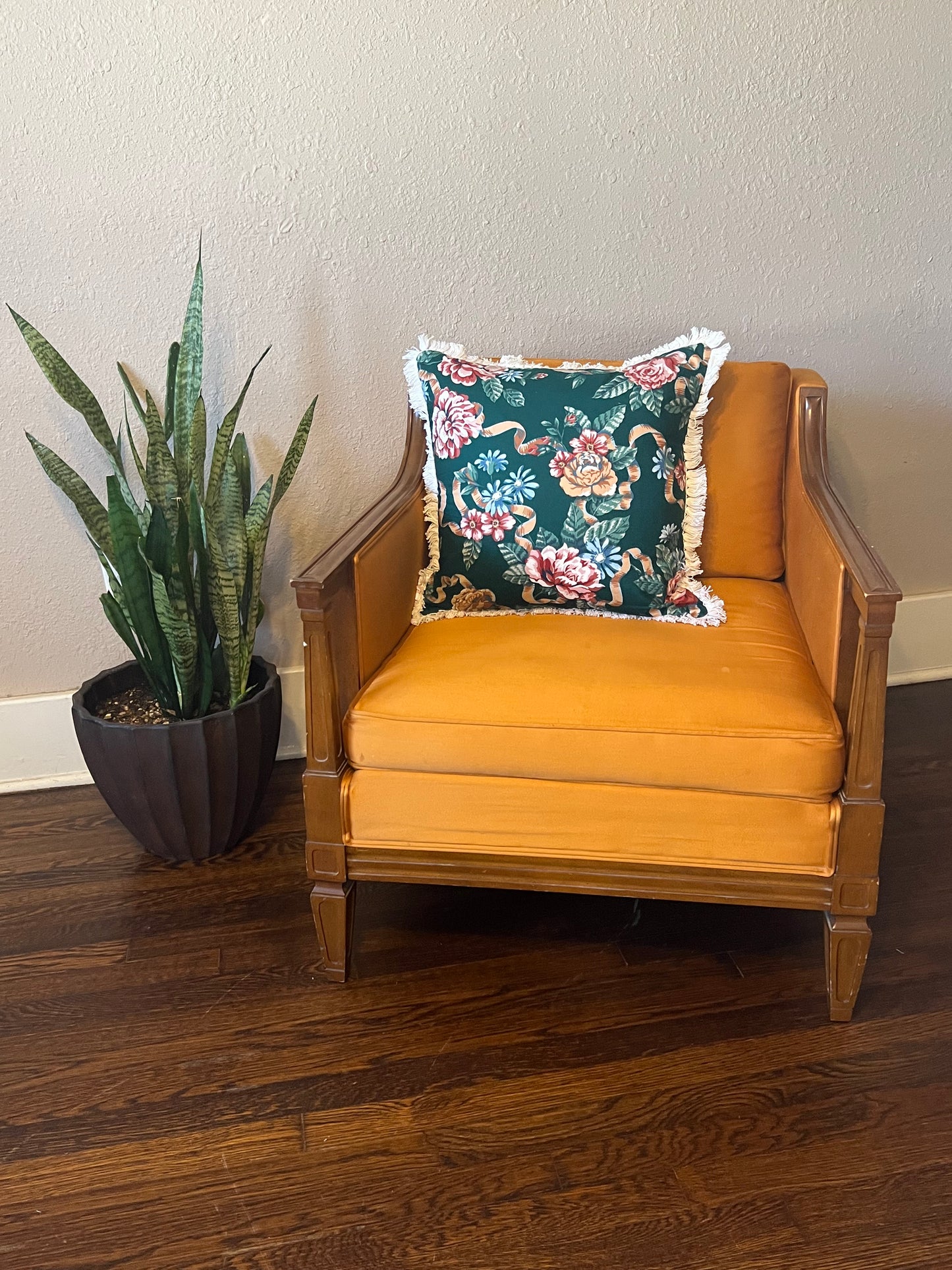 Deep Green Floral Pillow with fringe