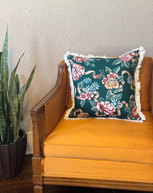 Deep Green Floral Pillow with fringe